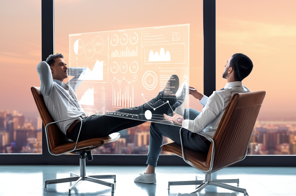 Relaxed executive using an AI assistant to improve work-life balance