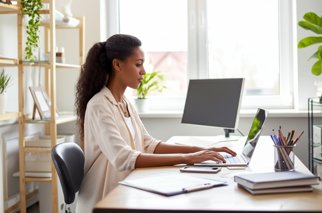 Professional virtual assistant working remotely on multiple tasks